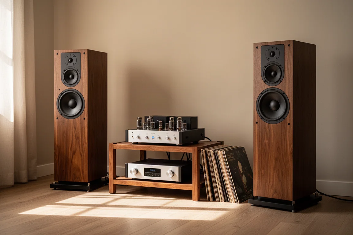 Vintage tower speakers in a warmly lit listening room with vinyl records