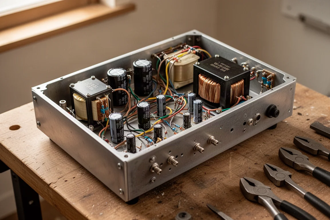 Hand-built point-to-point tube amplifier wiring on a wooden workbench