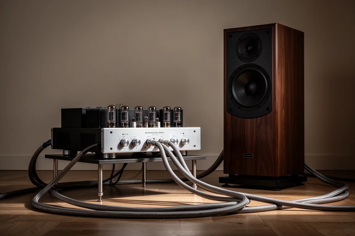 Large monoblock amplifier beside a floorstanding speaker in a listening room