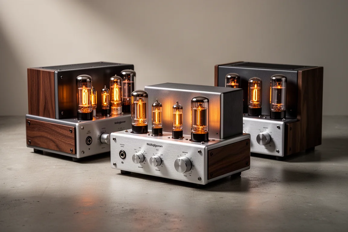 Three tube amplifiers with glowing vacuum tubes on a matte concrete surface