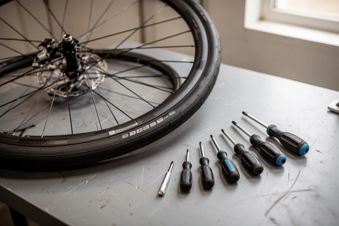 Destornilladores de tamaños crecientes junto a una rueda de carretera tubeless en un banco de taller