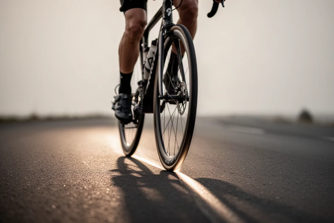 Ciclista de carretera rodando sobre asfalto liso, visto desde un ángulo bajo a la altura de la rueda delantera