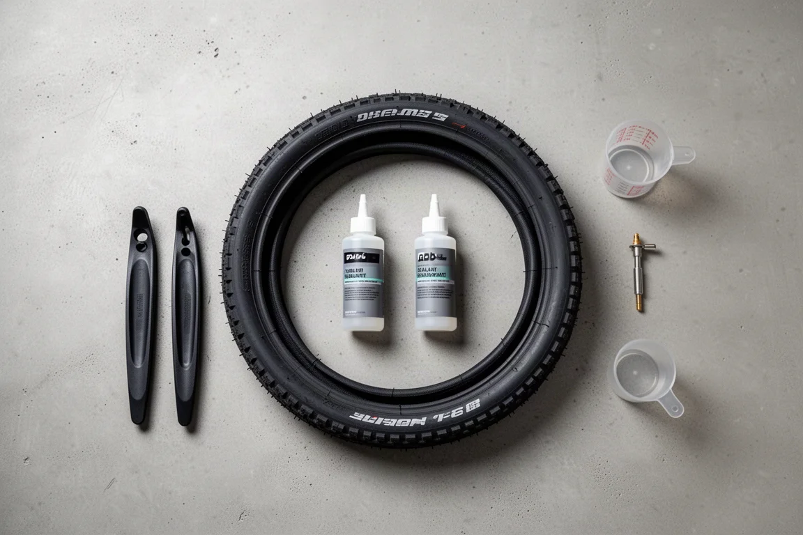 Composición plana de herramientas para montaje tubeless y botellas de sellante sin etiquetar sobre hormigón