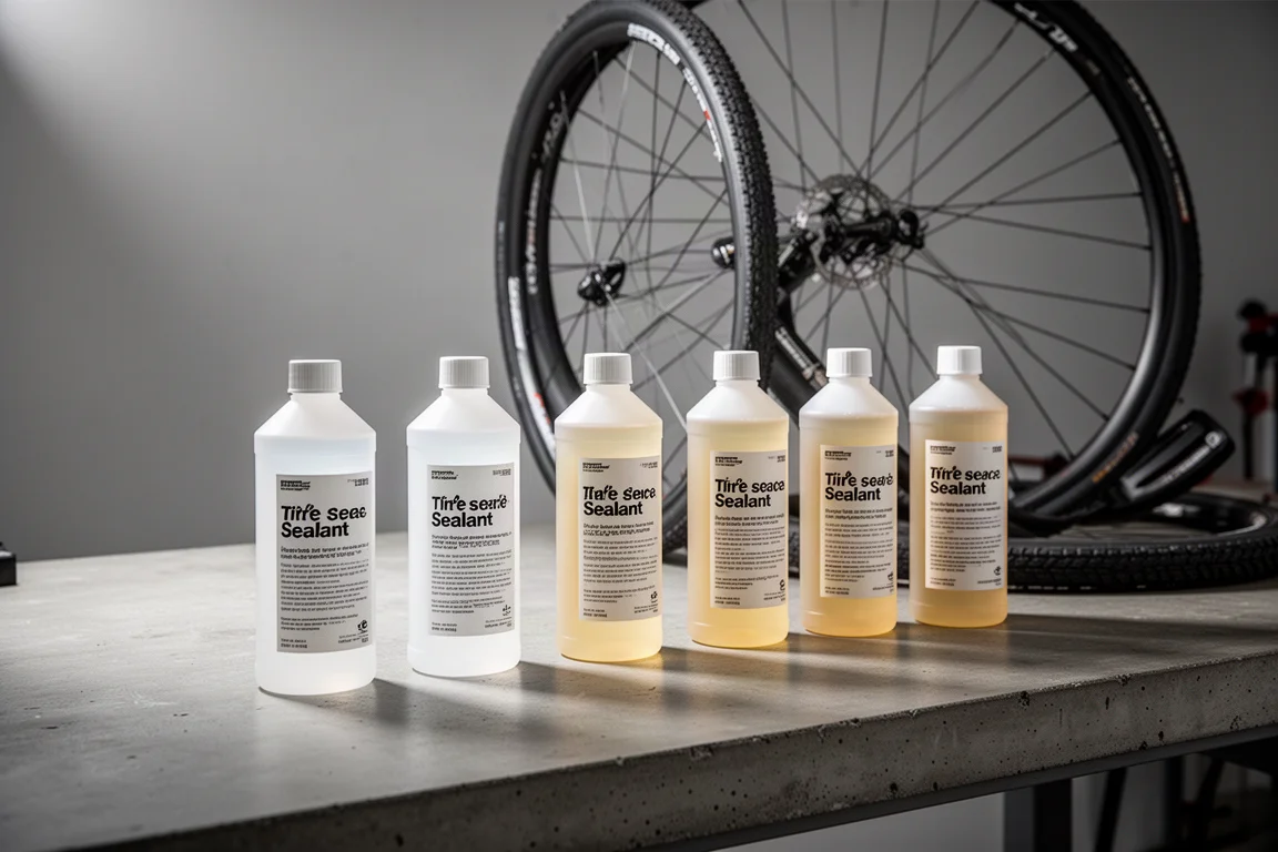 Zes ongelabelde flessen tubeless sealant op een betonnen werkbank met daarachter een racefietswiel