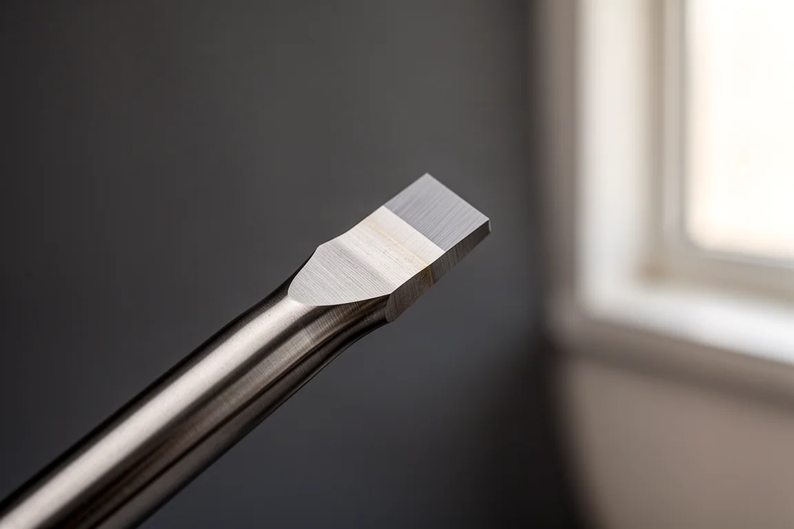 Close-up of a sharp tungsten carbide scraper tip on a steel shaft