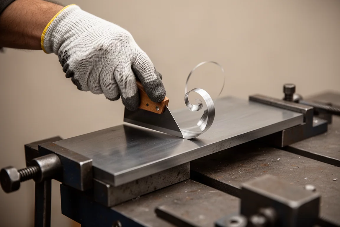 Hands using a hand scraper to clean a flat metal surface on a workbench
