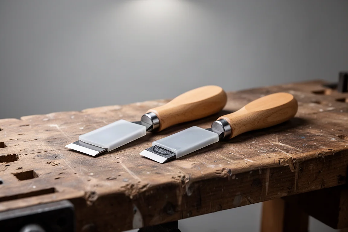 Two scrapers with protective covers resting on a workshop bench