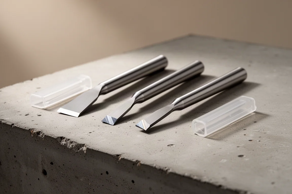 Three tungsten carbide hand scrapers with covers on a concrete workshop surface