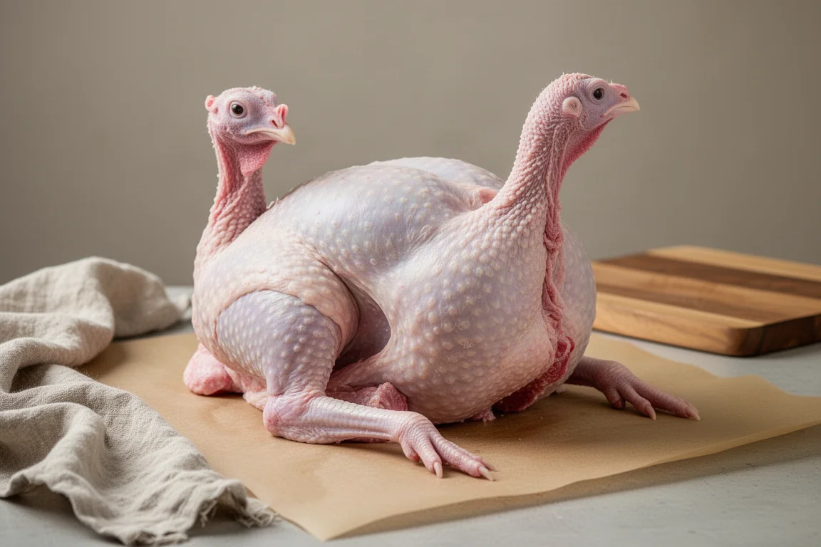 Raw heritage turkey on a counter showing long legs and narrow breast