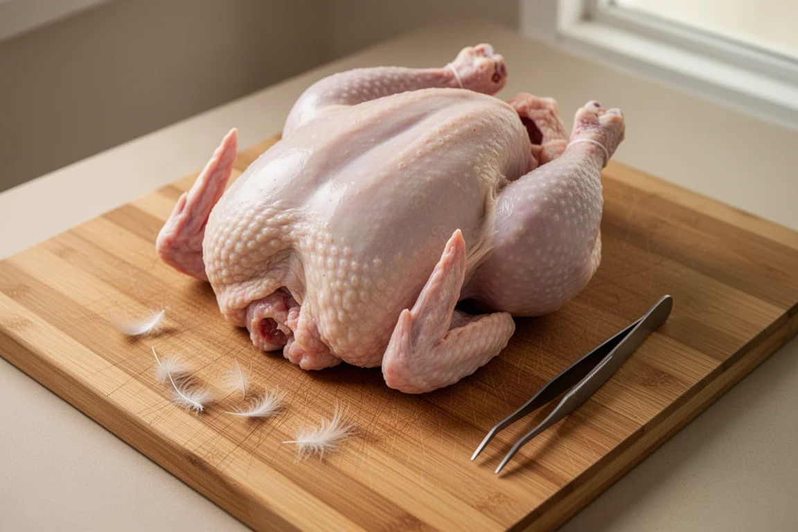 Raw turkey being examined with pin feathers plucked on a cutting board