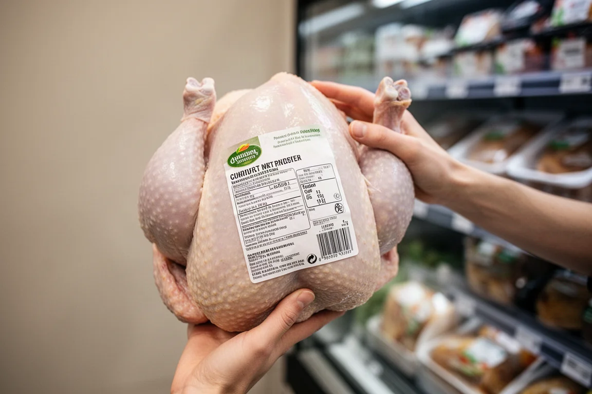 Supermarket turkey label being inspected by a shopper