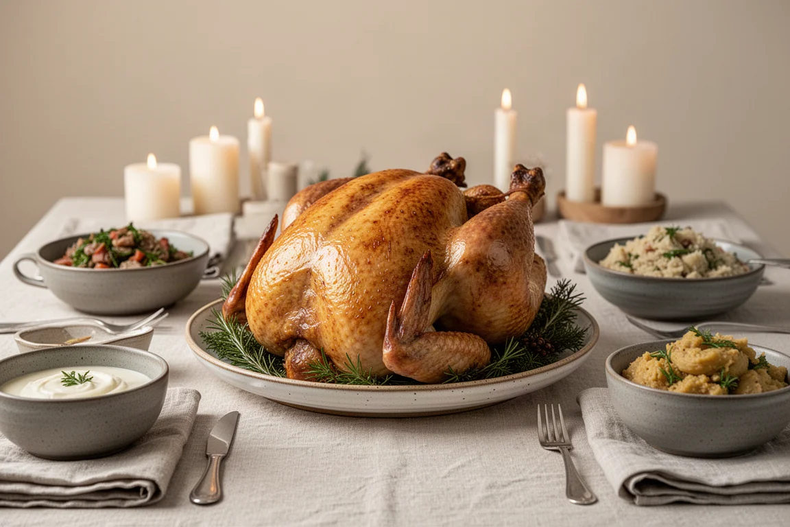 Roasted golden turkey set on a holiday dining table