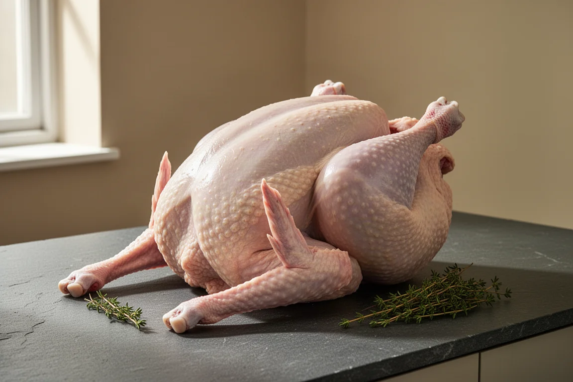 Whole raw heritage turkey with long legs and narrow breast on a slate counter