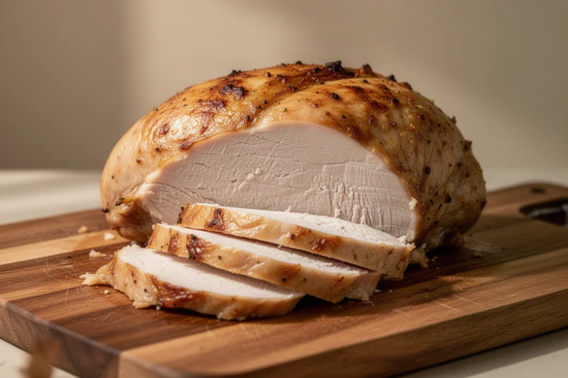 Sliced roast turkey breast with crisp skin arranged on a wooden carving board