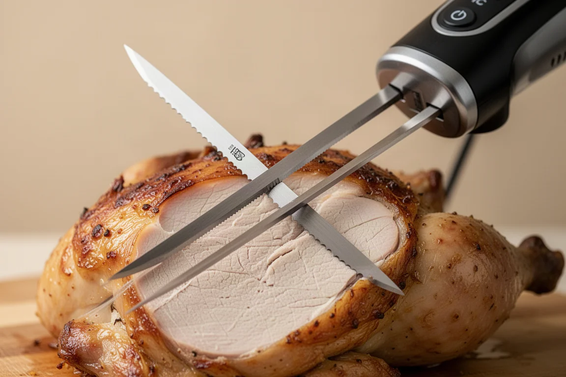 Electric carving knife with two serrated blades cutting cleanly through roast poultry