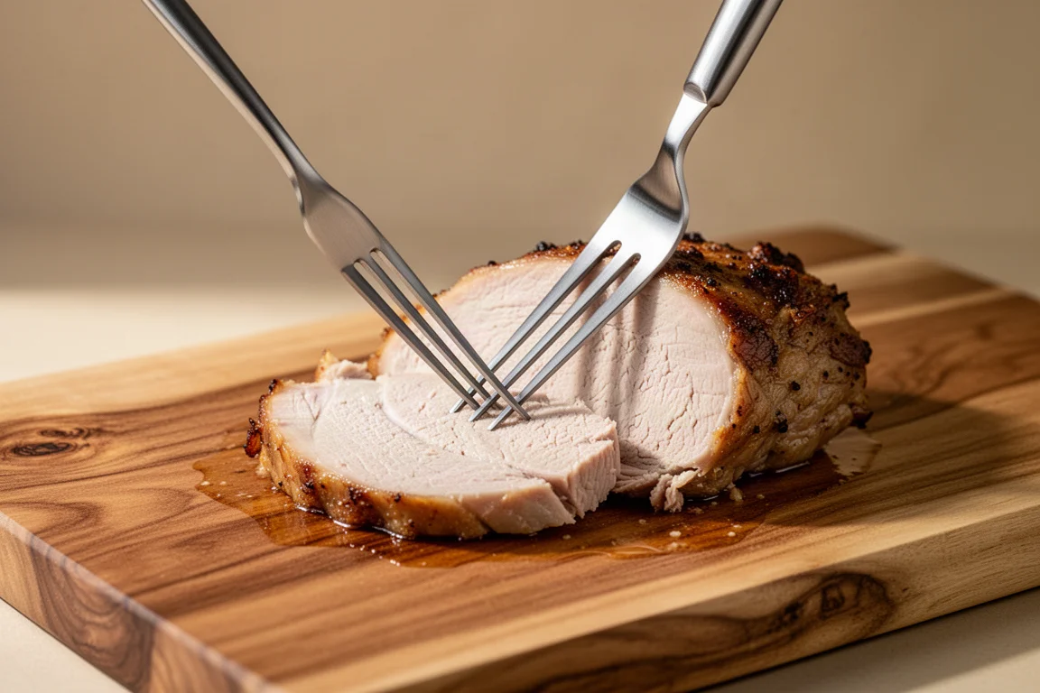 Carving fork holding a piece of roast turkey steady on a cutting board