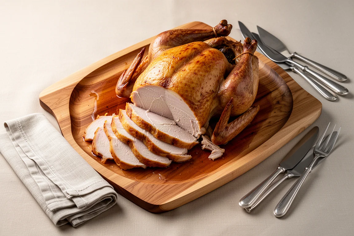 Holiday table with a carved turkey, serving board, and carving tools laid out