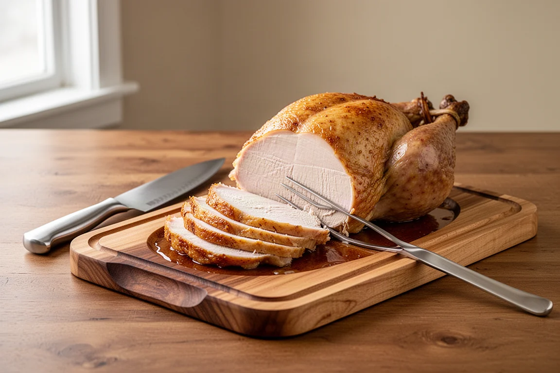 Carved turkey breast with golden skin on a maple carving board beside a chef's knife