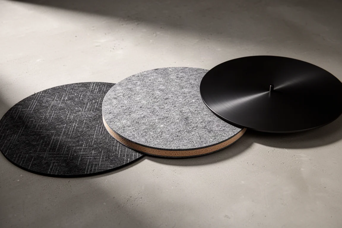 Three turntable mats in felt, wool, and aluminium finishes arranged on a concrete surface