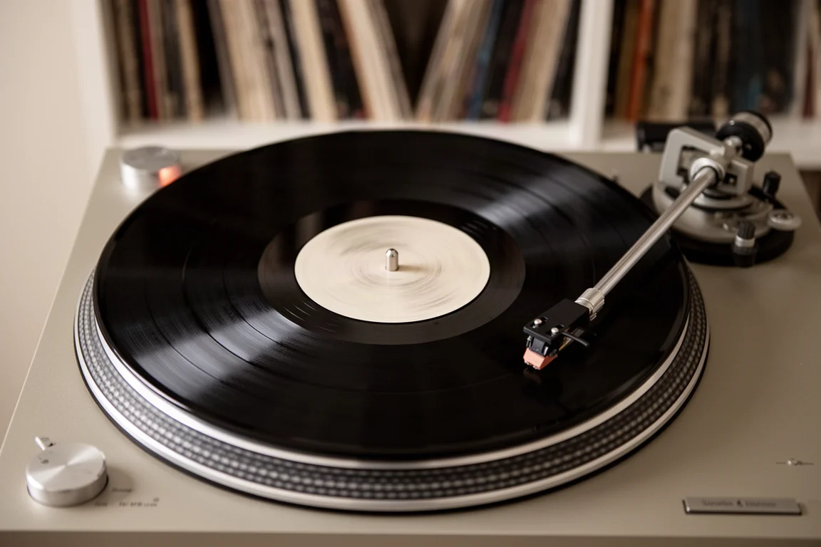 Vy ovanifrån av en vinylskiva som snurrar på en skivtallrik med skivhyllor i bakgrunden