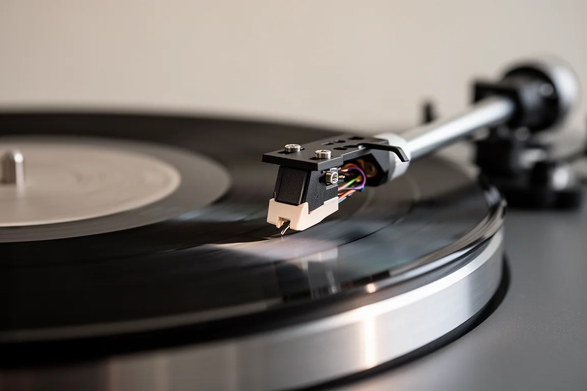 Närbild på en tonarm och nål som följer en snurrande vinylskiva