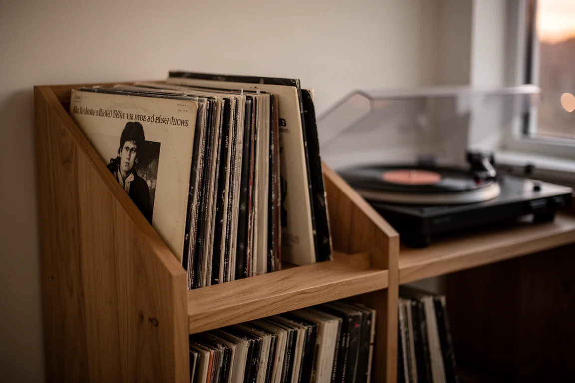 Skivhylla fylld med vinylfodral med en skivspelare som spelar i bakgrunden