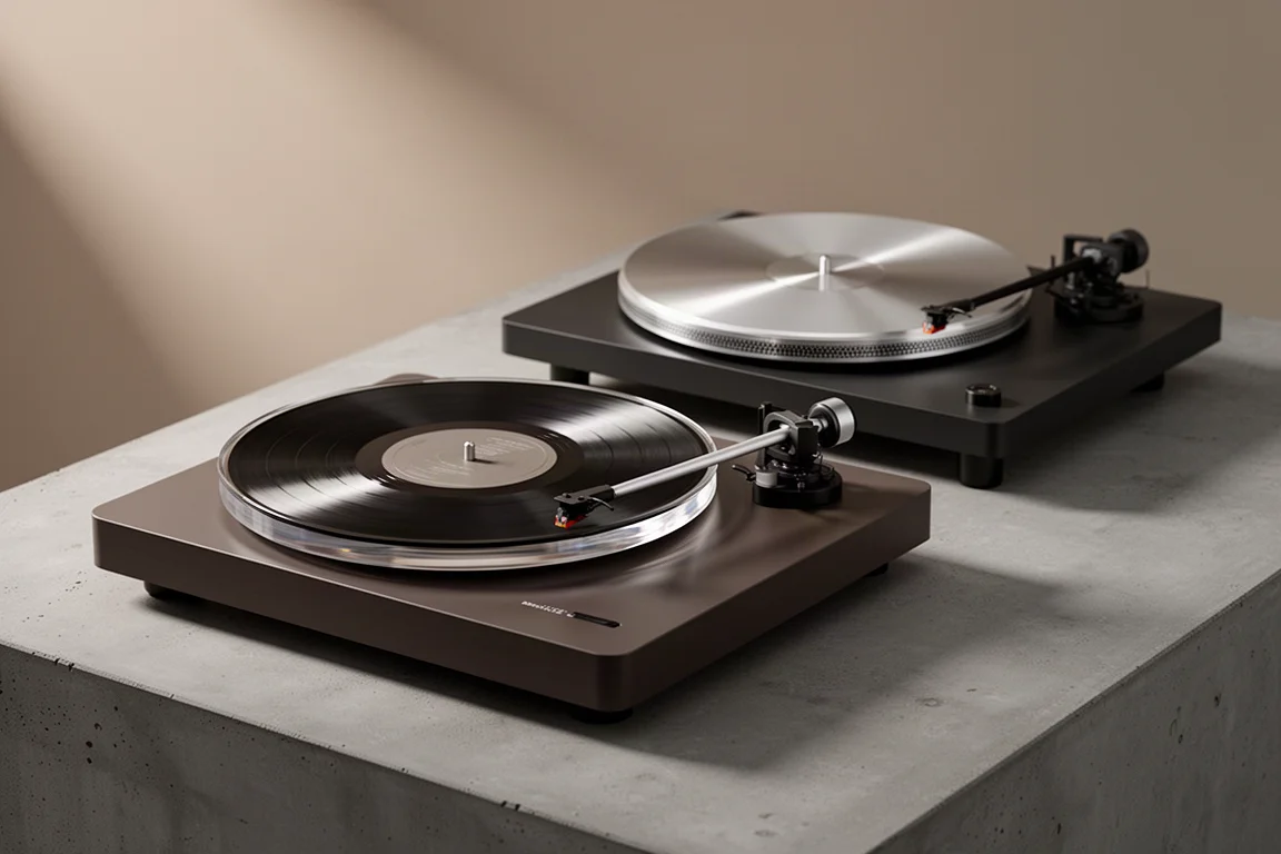 Two modern turntables with acrylic and aluminium platters on a concrete surface