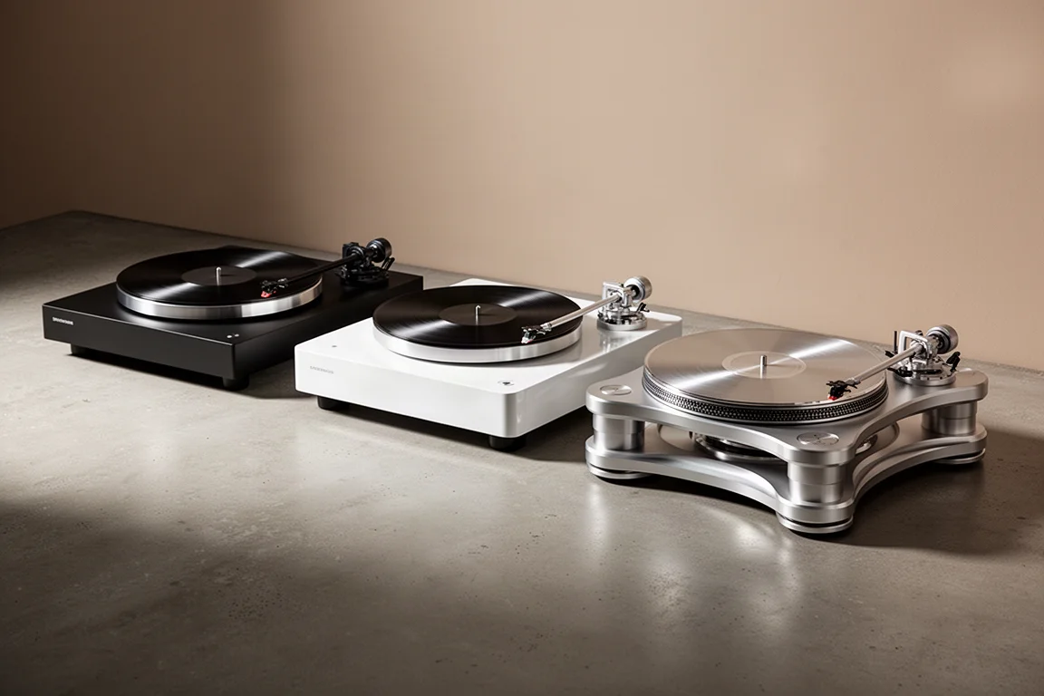 Three high-end turntables arranged on a concrete surface in soft studio light