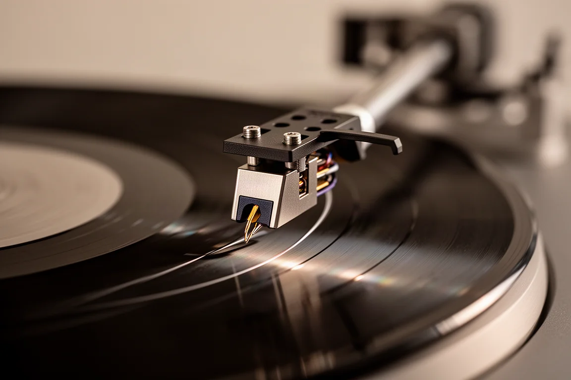 Macro-opname van een naald die de groeven van een draaiende vinylplaat volgt