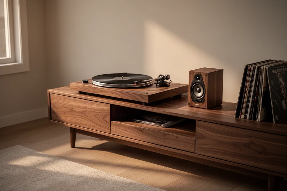 Walnoten platenspeler op een dressoir met een compacte speaker en een stapel platen