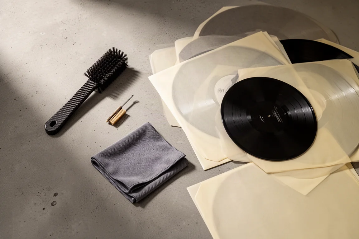 Flat-lay van een platenreiniger, naaldborstel, doekje en vinylhoezen