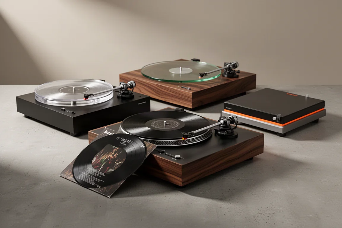 Three belt-drive turntables with acrylic, glass, and walnut finishes on a concrete surface