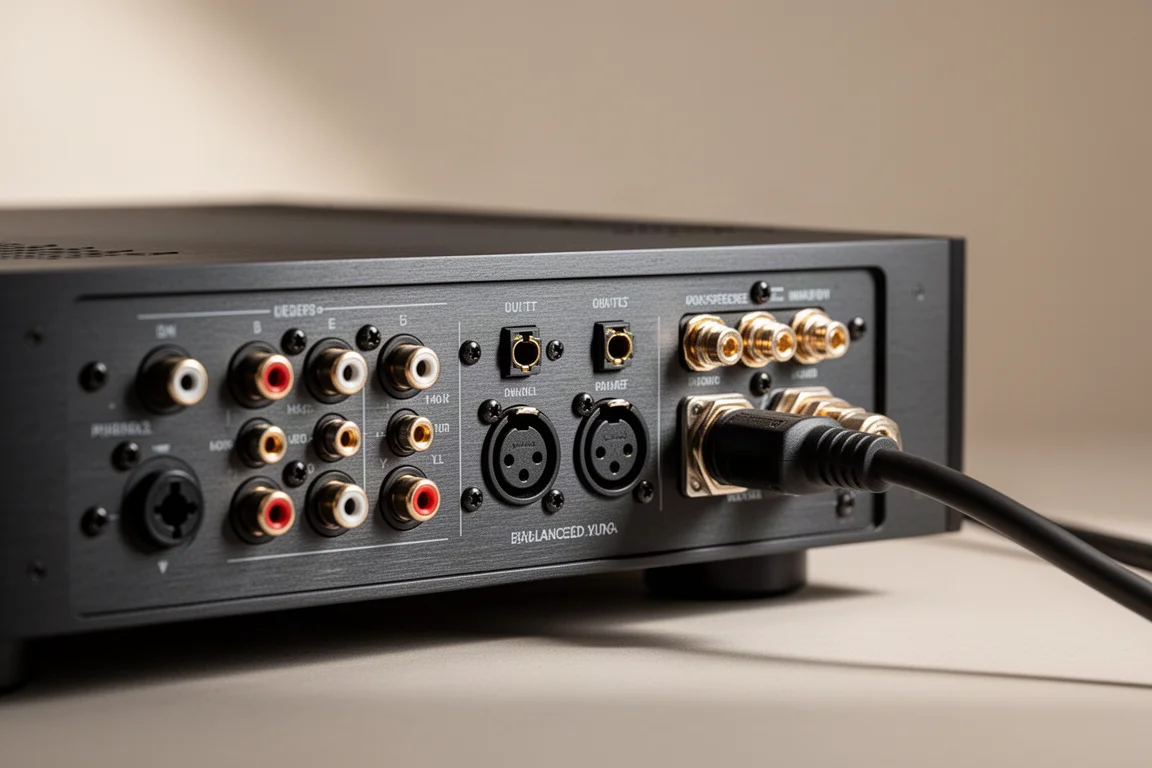 フォノ端子、光入力、XLRコネクターを備えたステレオアンプ背面パネルのクローズアップ