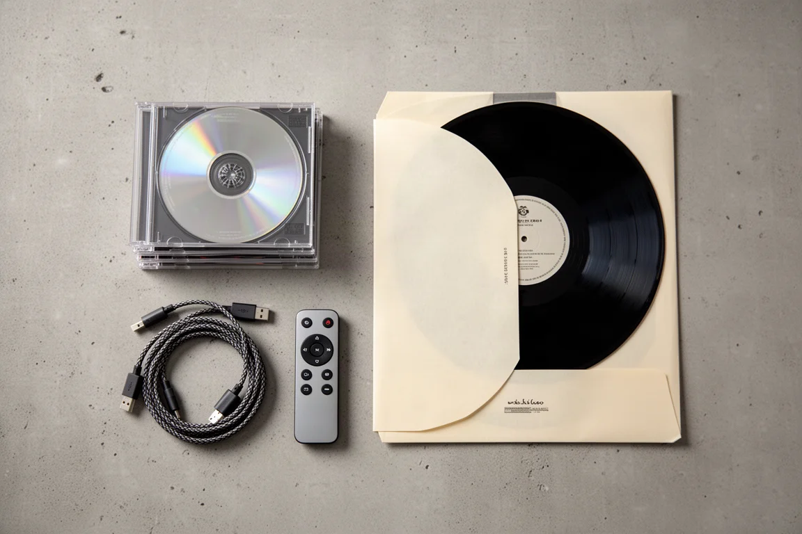 CD、レコード、丸められたケーブル、小さなリモコンを並べた真上からのフラットレイ