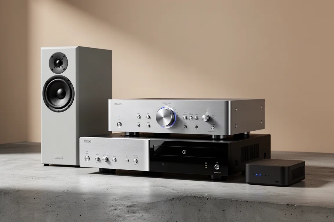Active loudspeaker, silver amplifier, CD player and network hub arranged on a concrete surface