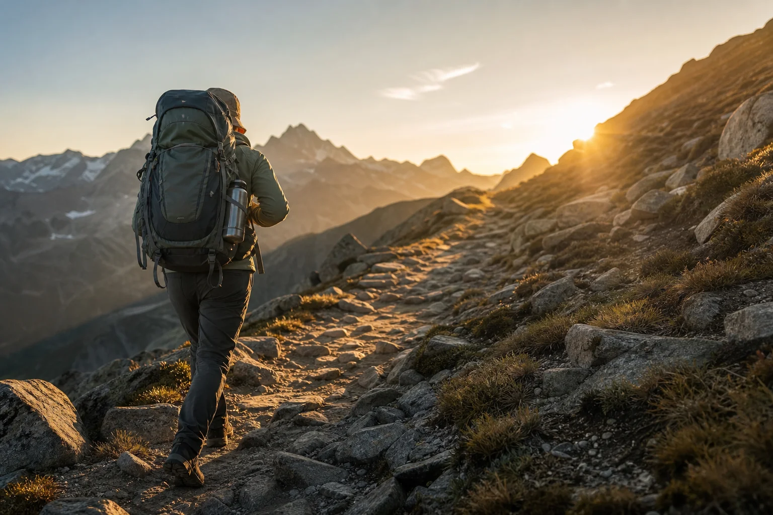 Escursionista con zaino carico che cammina su un sentiero di montagna all'alba