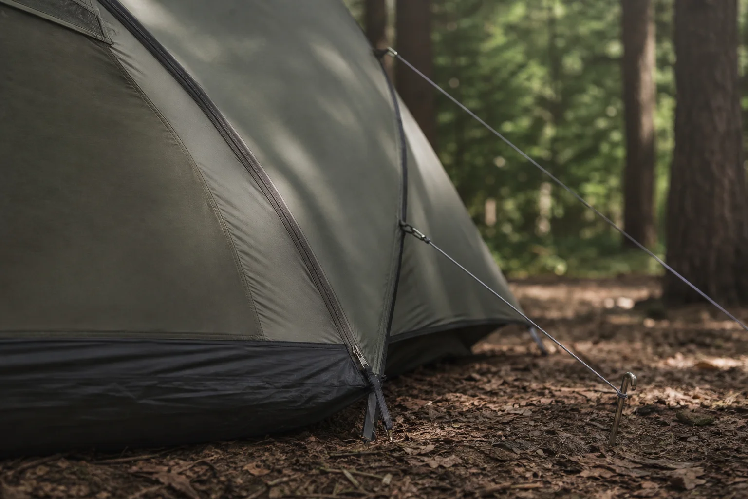 Primo piano di una tenda montata sul terreno boschivo con tiranti e picchetti