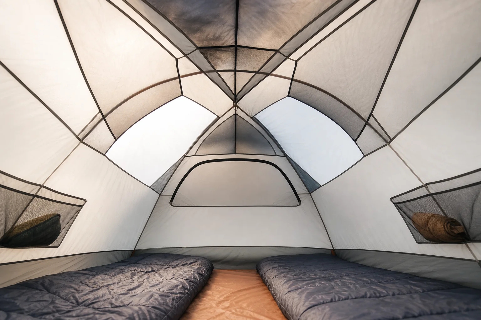Interno della tenda che mostra un pavimento spazioso e una rete di ventilazione