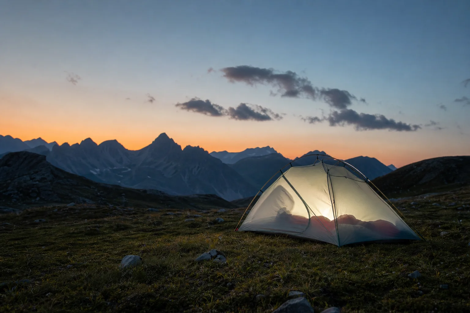 Tenda ultraleggera montata in un prato alpino con sfondo montuoso