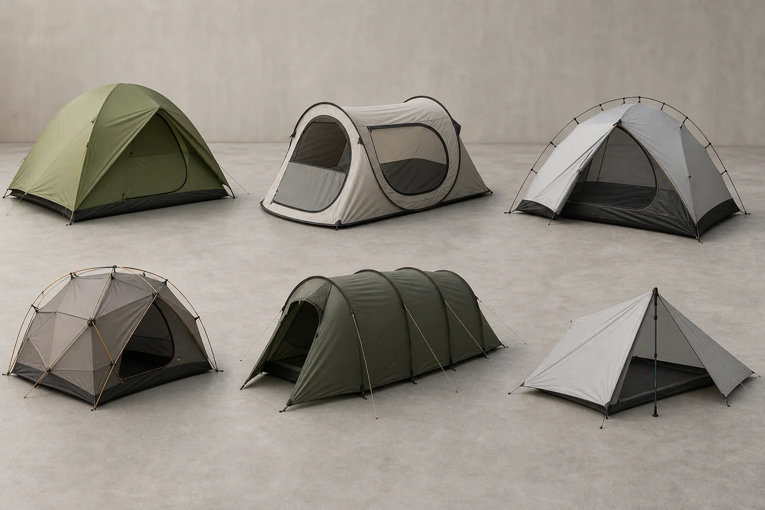 Sei tende da backpacking per due persone disposte su cemento che mostrano varietà nel design e nel colore
