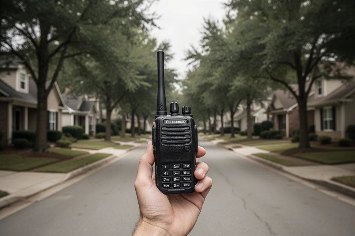 Talkie-walkie portatif émettant depuis une rue résidentielle bordée d'arbres