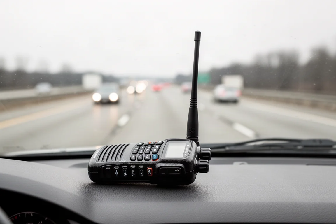 Talkie-walkie posé sur le tableau de bord d'une voiture lors d'un test routier