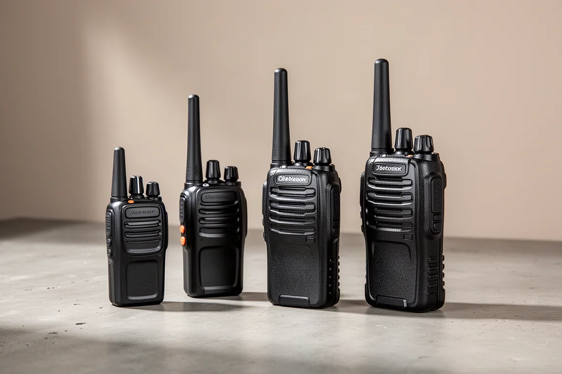 Four handheld two-way radios arranged on a concrete surface
