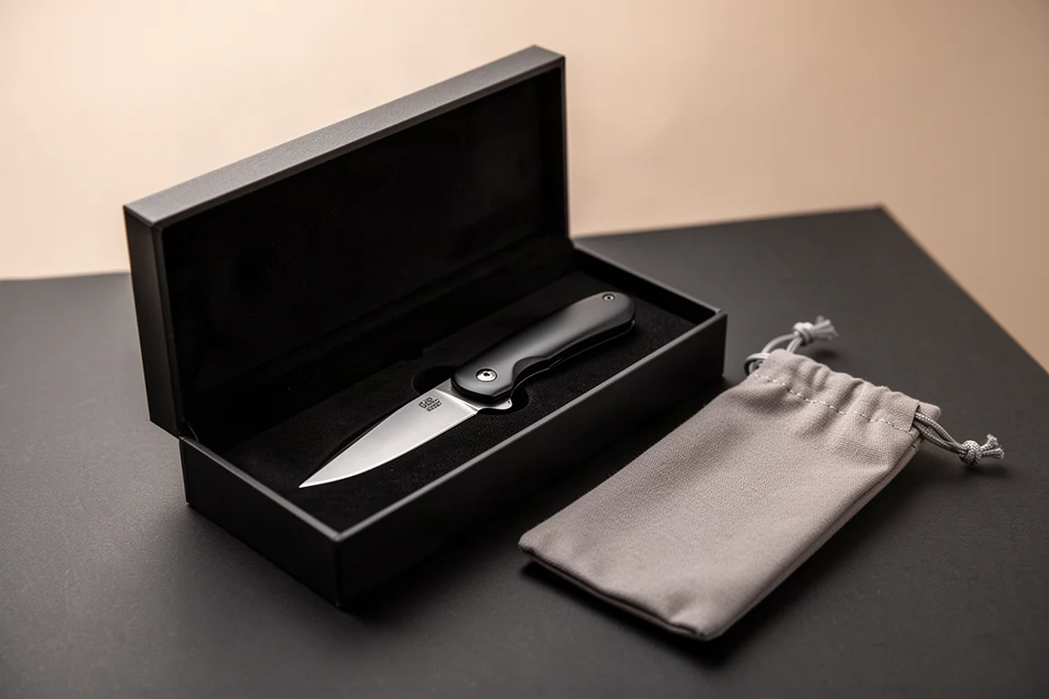 Uma faca dobrável compacta com bolsa apresentada em uma elegante caixa de presente sobre superfície escura