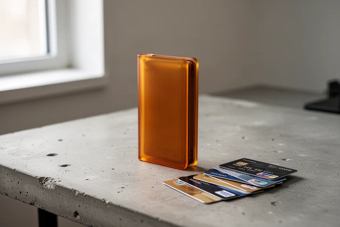 Slim vertical wallet fanned with cards on a concrete desk