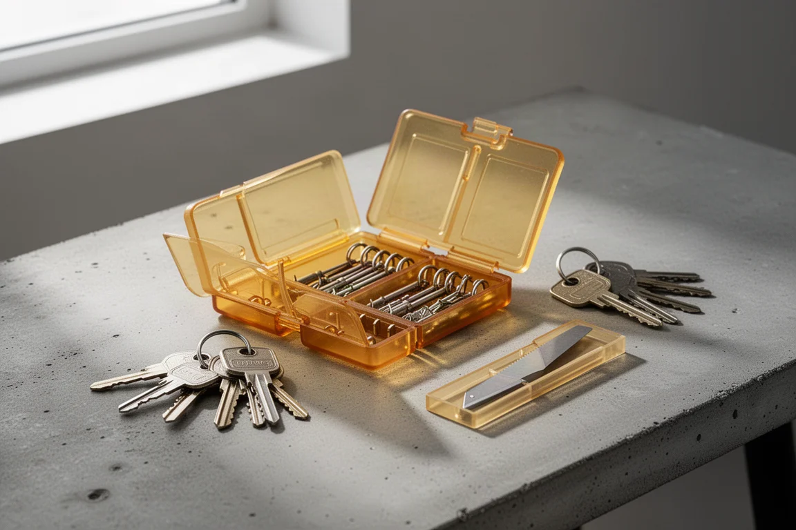 Key organizer with utility blade attached lying on a desk