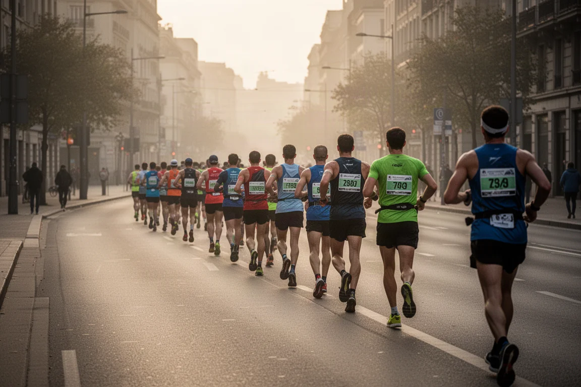 Runners setting off on an ultra race through a city in early morning light