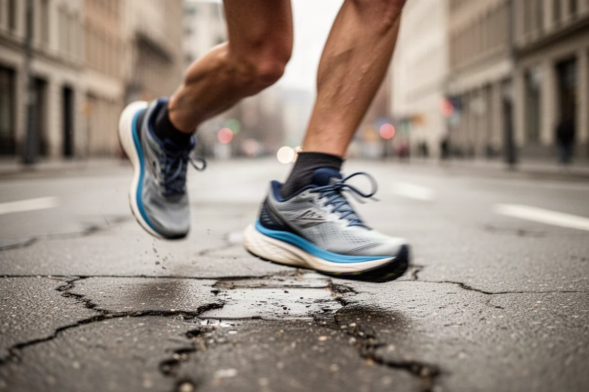 Close-up of a runner's feet pounding tarmac during a long road section