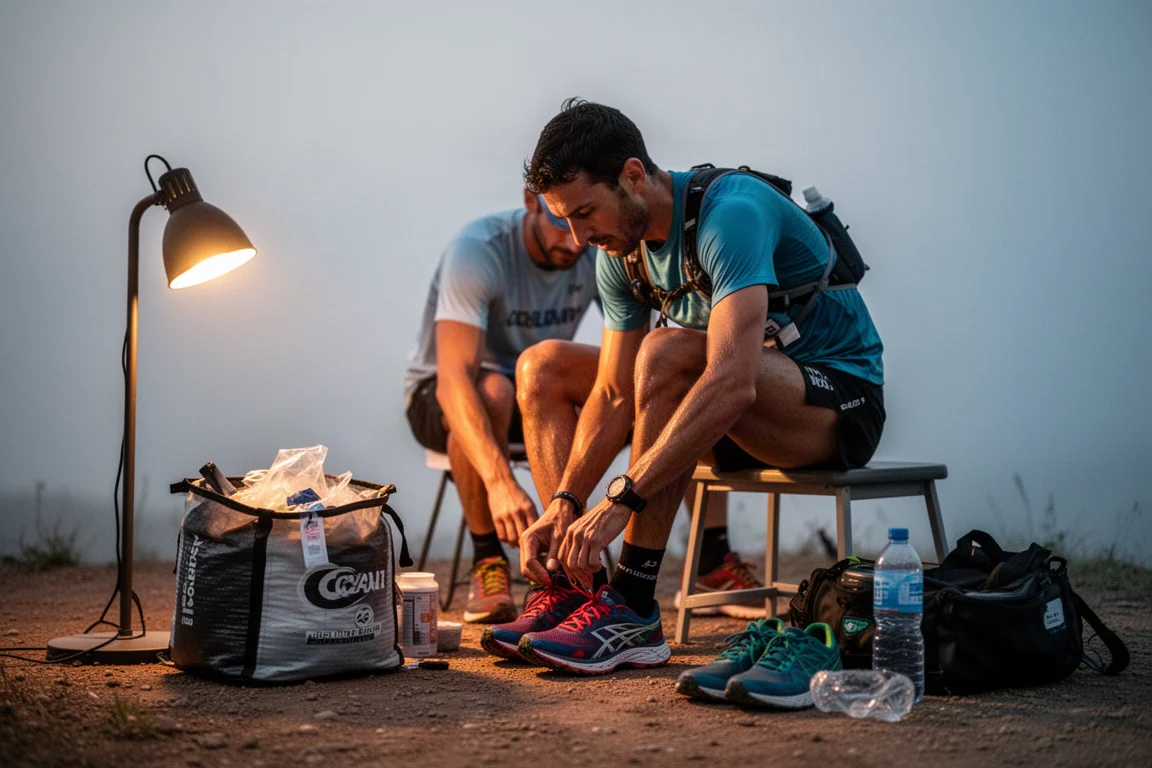Runner changing shoes at an aid station during an ultra race