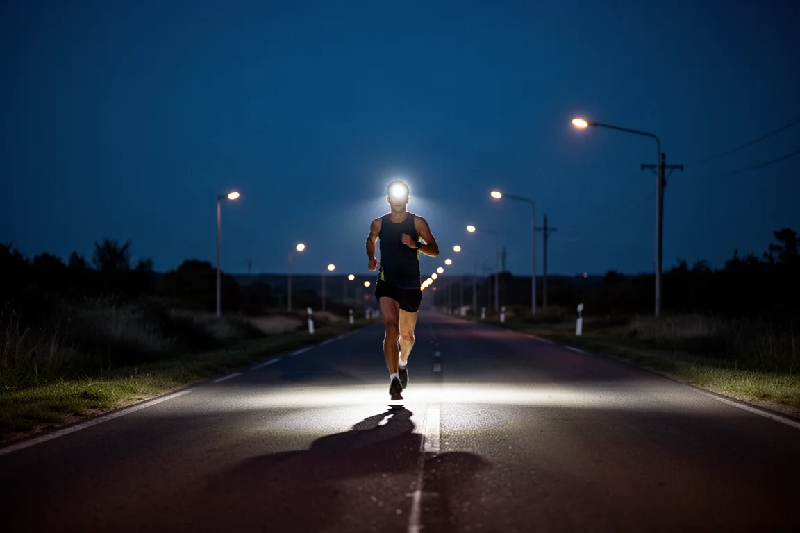 Runner moving steadily along an empty road in the late hours of an ultra